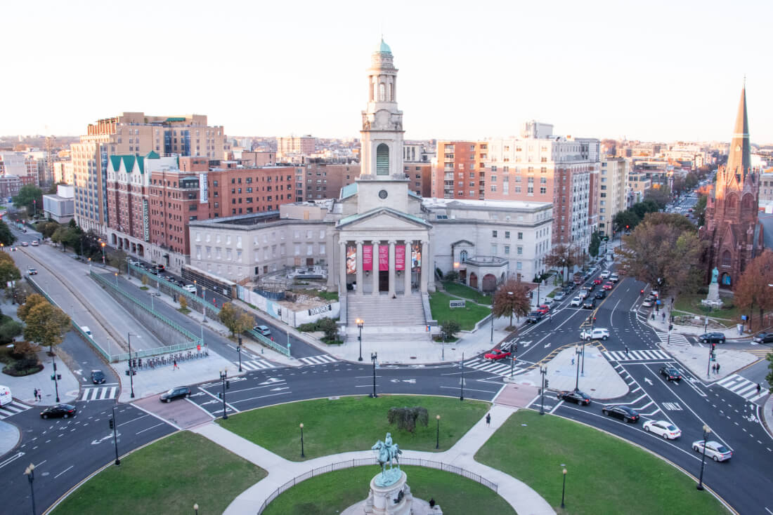 View of the urban skyline from the rooftop of Hotel Zena on Thomas Circle in Washington DC